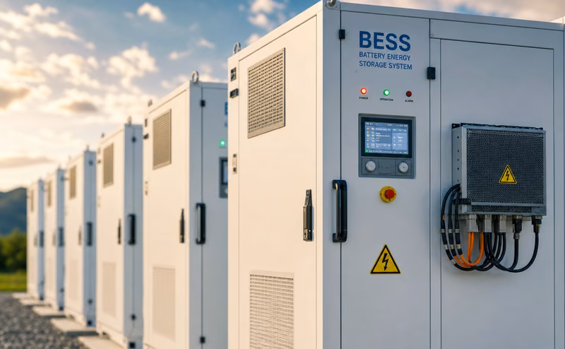 Row of white battery energy storage system cabinets outdoors