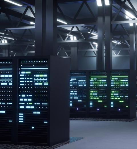 Rows of server racks inside a data center