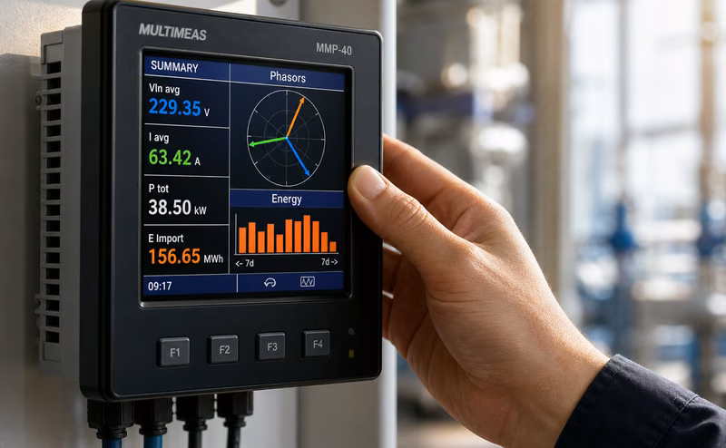 Hand touching a digital power meter showing voltage, current and energy readings