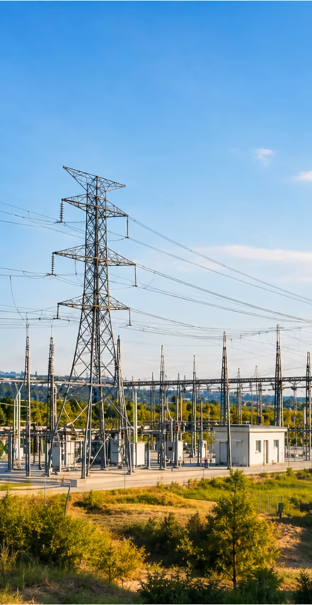 Electrical substation with transmission pylons against a blue sky