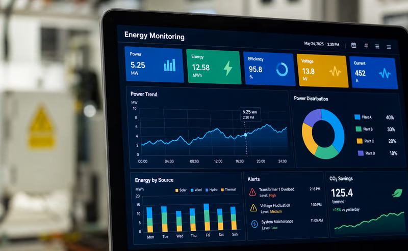 Energy monitoring dashboard on a screen showing power trend, distribution and alerts