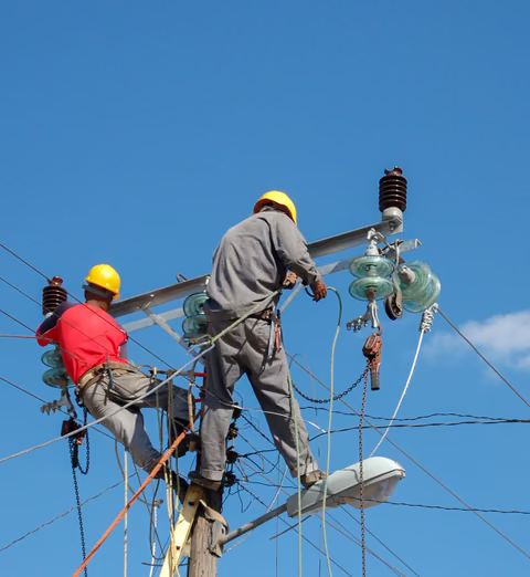 Two linemen in hard hats working on a utility pole against a blue sky