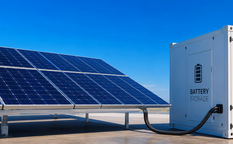 Solar panels in the foreground with a battery storage unit beside them