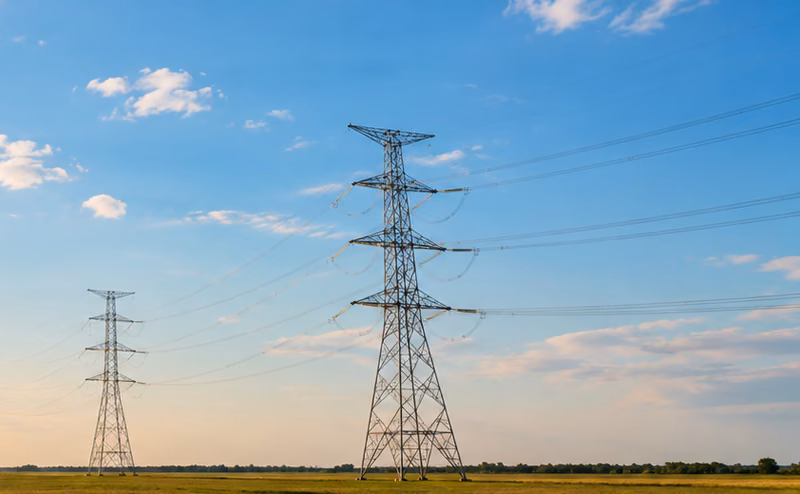 Line of high-voltage transmission towers crossing an open field
